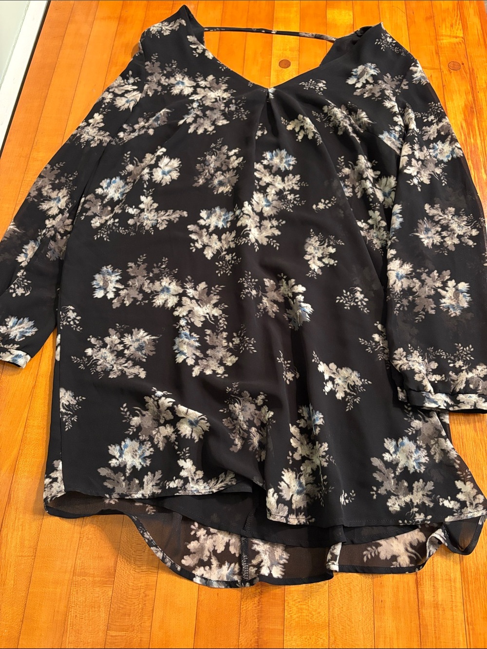 Astr Black Floral V-Neck Tunic with Pale Blue and White Blooms